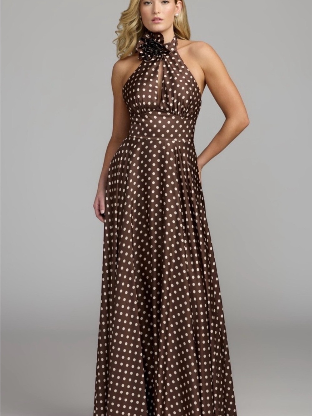 Mac Duggal 50210 Brown Polka Dot A-Line Halter Gown With Rosette Size 8 NWT